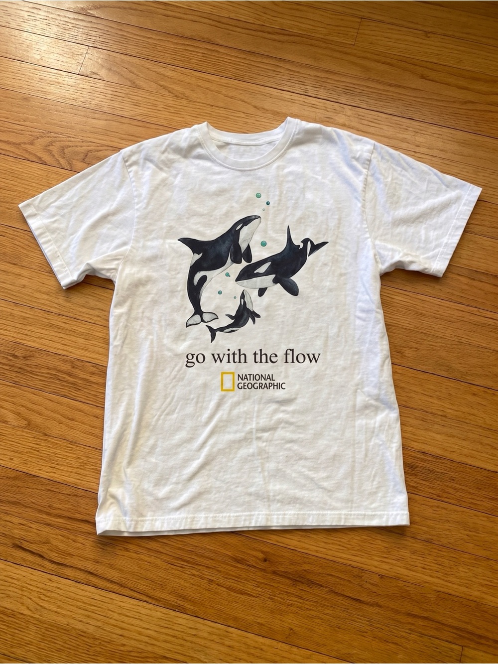 Gildan White Tee with Black Orca Graphic and Teal Bubbles